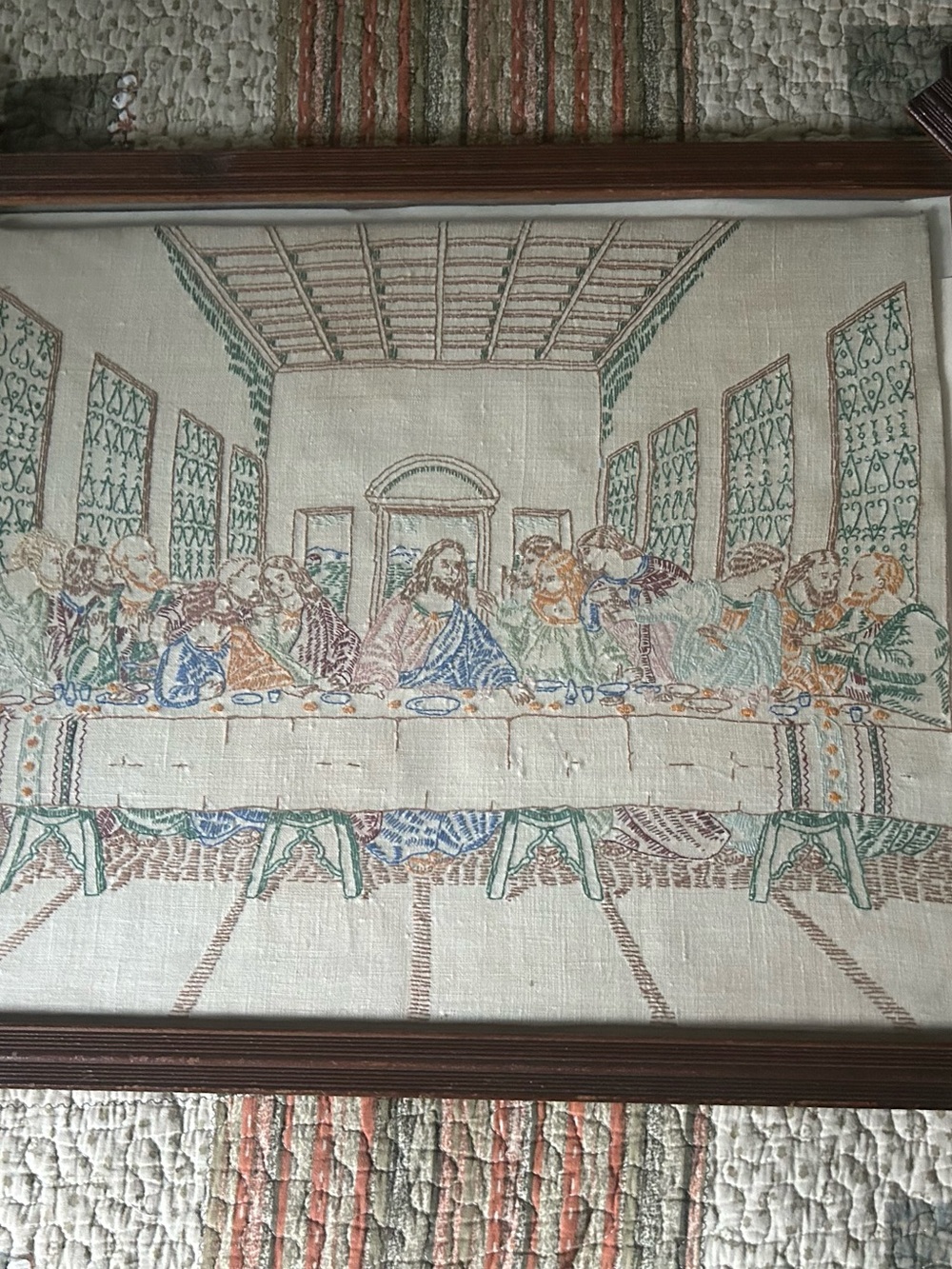 Vintage Framed Needlepoint Last Supper Wall Art in Multi-Color